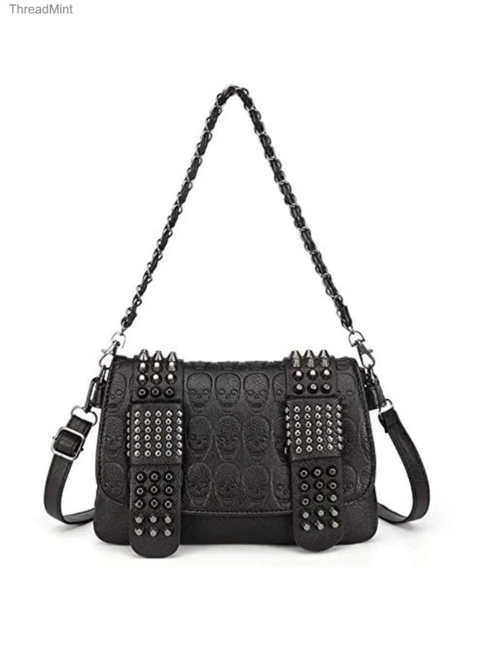 Gothic Skull Top-Handle Satchel PU Leather Chain Strap Tote